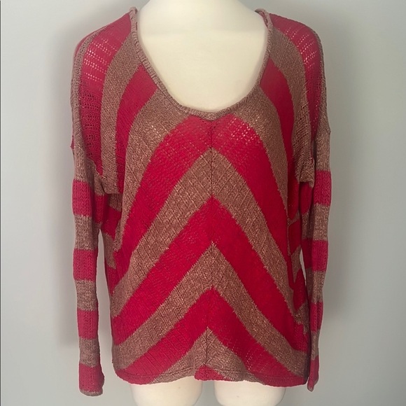 Splendid Sweaters - Splendid Magenta and Lt Brown V-Neck Sweater with Striped Pattern